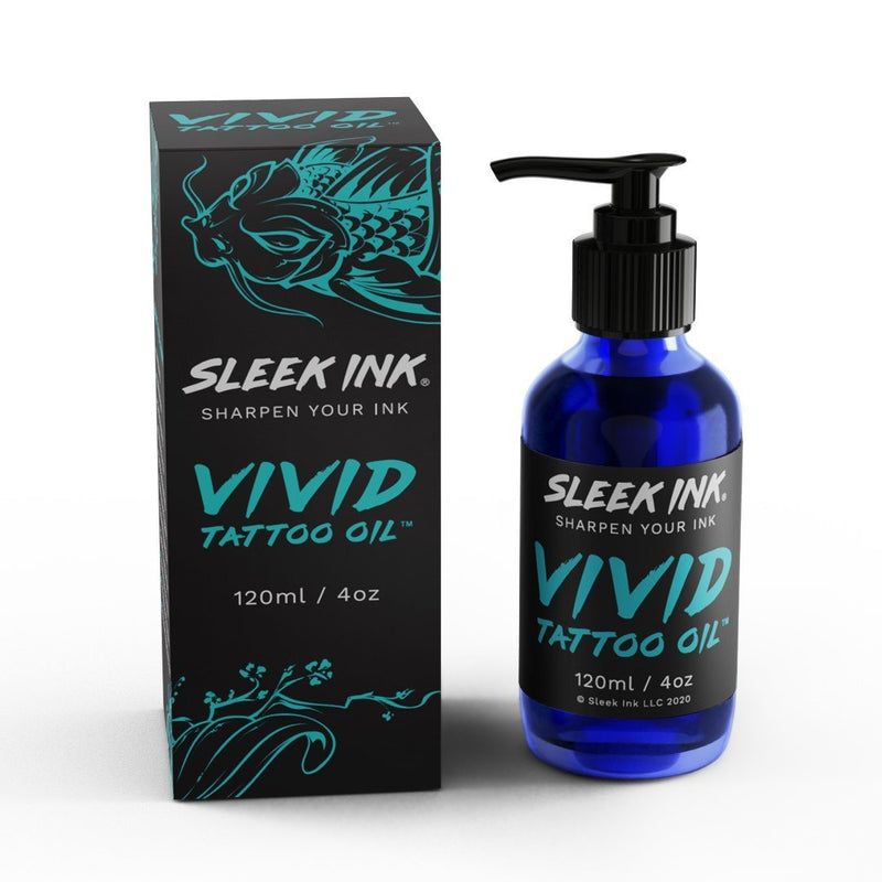 Artistic, colorful box and bottle photo of Sleek Ink Vivid Tattoo Oil on a white background.