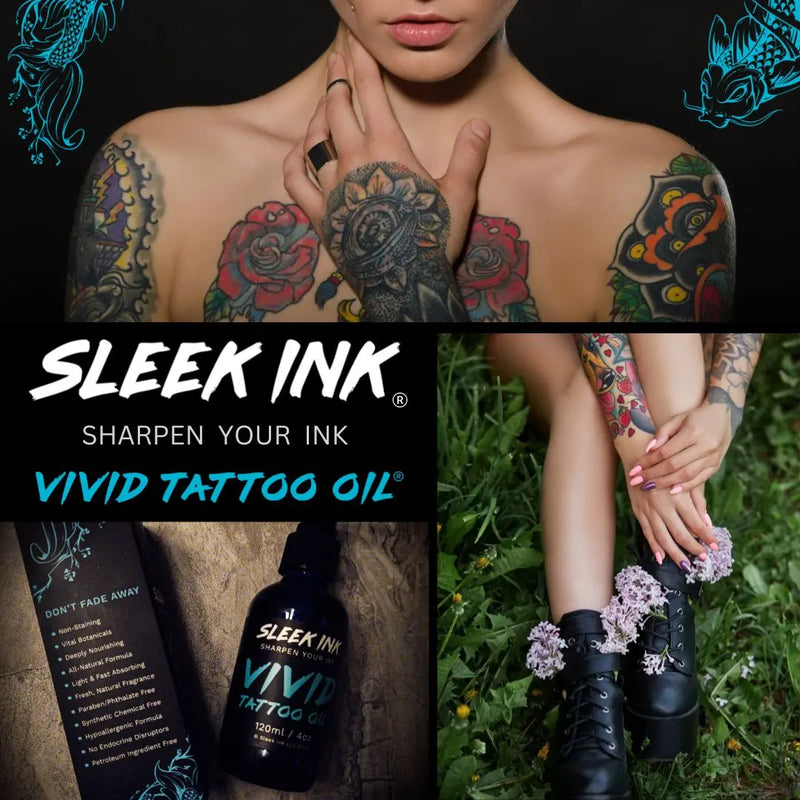 Artistic montage of photos including an attractive woman with multiple tattoos, the legs and tattooed arms of a woman with black boots, and the Sleek Ink bottle and box. Caption reads: "Sleek Ink, Sharpen your Ink, Vivid Tattoo Oil."