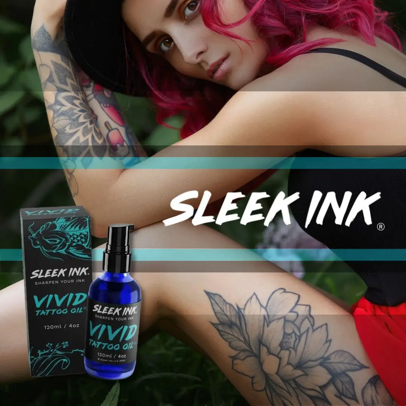 Sleek Ink VIVID Tattoo Oil® Close-up of attractive smiling redhead woman looking at the camera with multiple tattoos and product box and bottle. Caption reads "Sleek Ink."