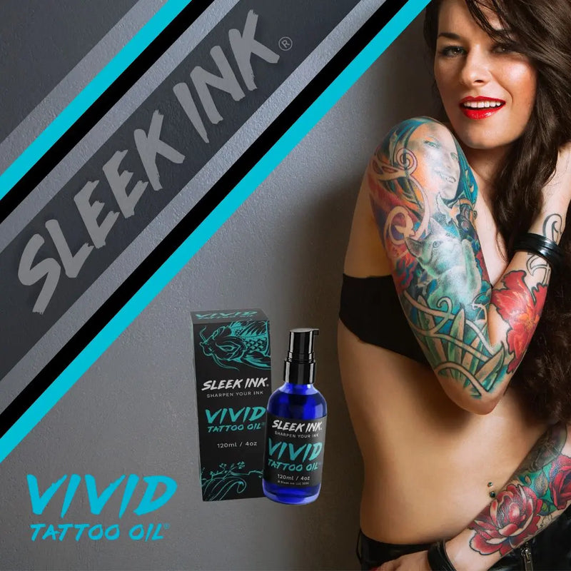 Sleek Ink VIVID Tattoo Oil® main photo. Close-up of attractive smiling brunette woman with sleeve tattoos and product box and bottle. Caption reads "Sleek Ink Vivid Tattoo Oil."
