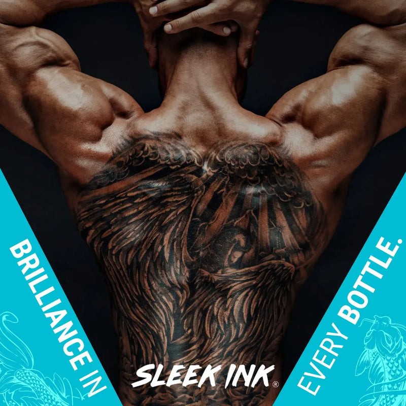 Close-up of the back of a tanned and very muscular man with his hands on the back of his head. his back is entirely covered with an eagle tattoo. Caption reads: "Sleek Ink. Brilliance in Every Bottle."